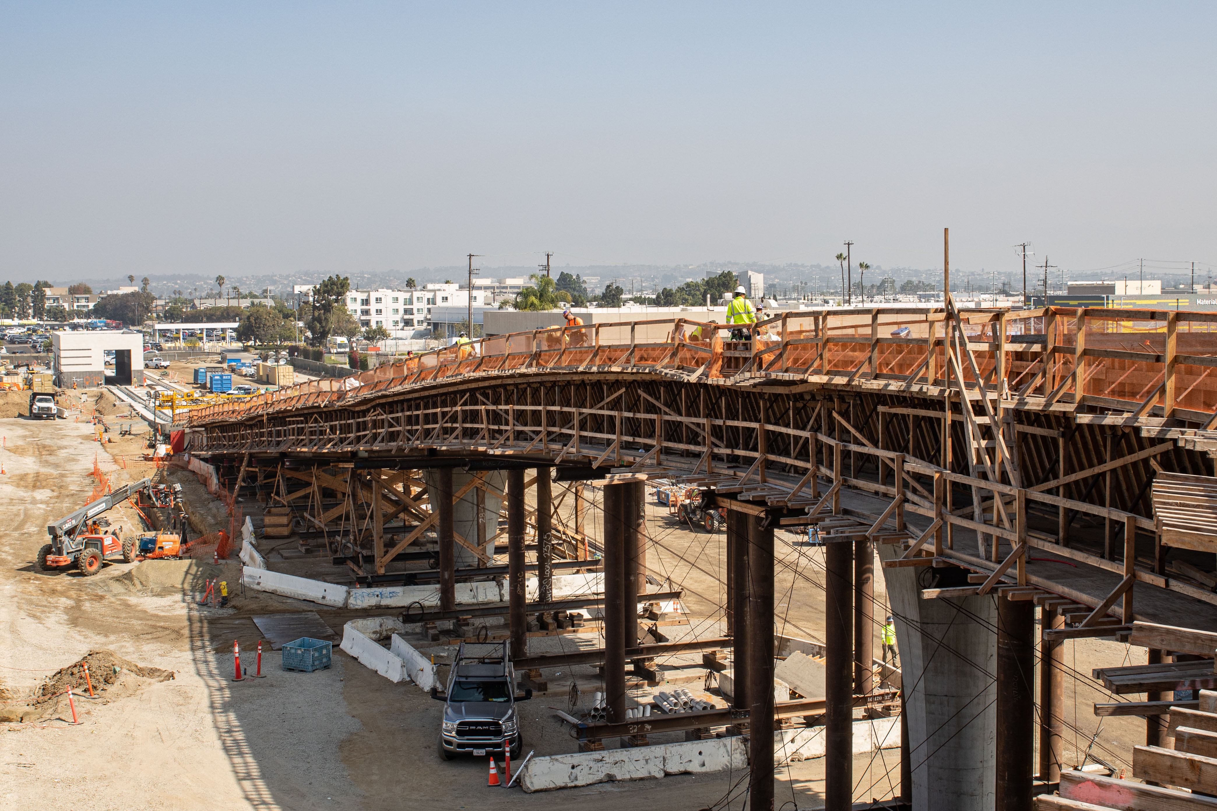 The train wash facility at the base of the guideway ramp will serve as one of the first stopping points for trains going into the maintenance area.