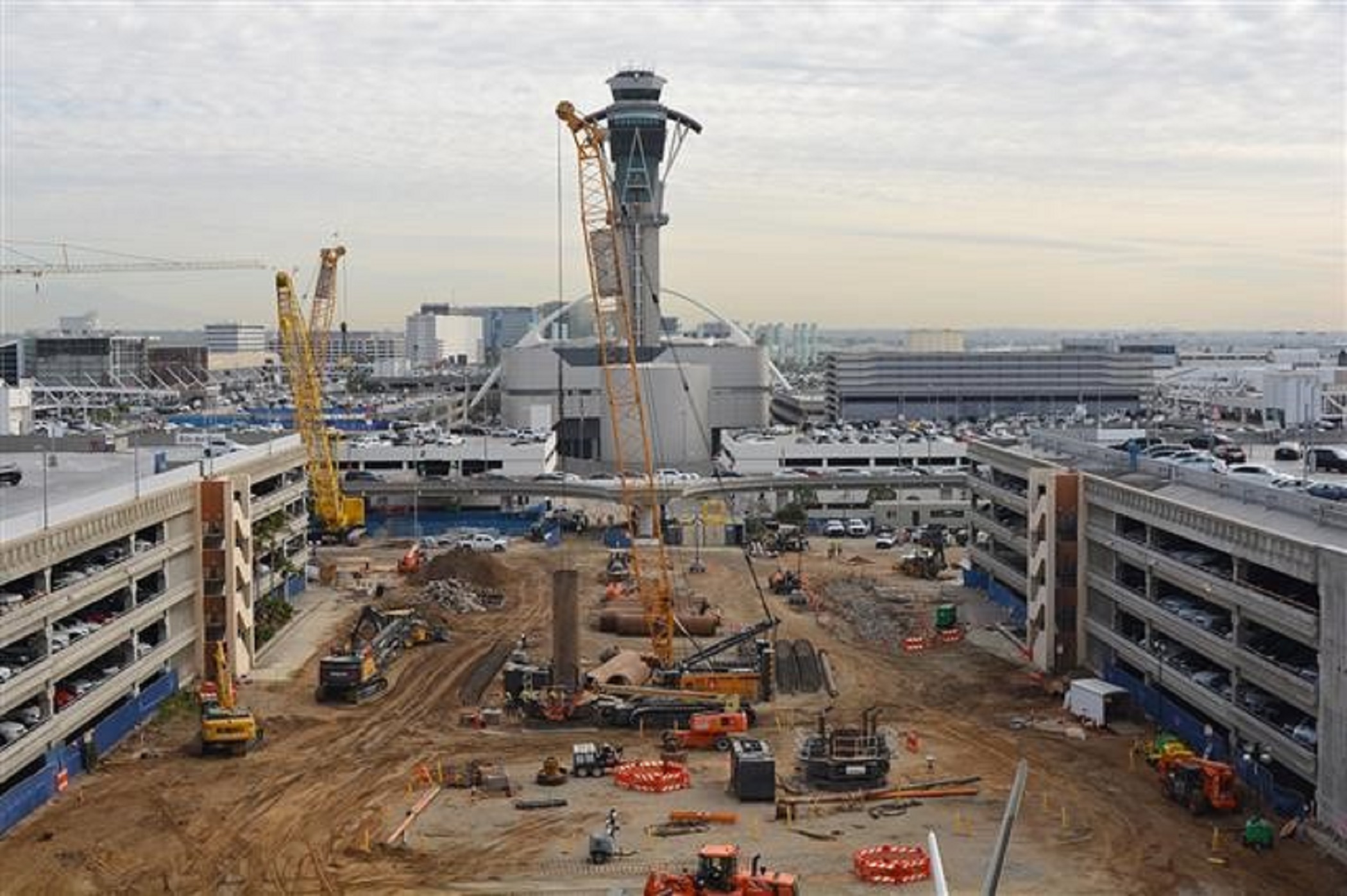 A view of the construction for the West Central Terminal Area People Mover Station from the roof of Tom Bradley International Terminal